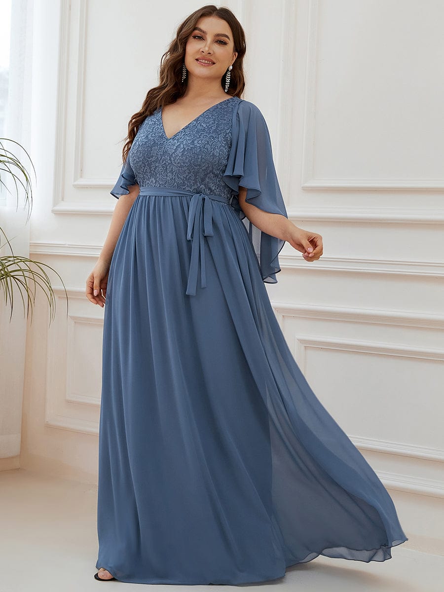 Lace Accent Plus Size V-Neck Evening Dress with Belt