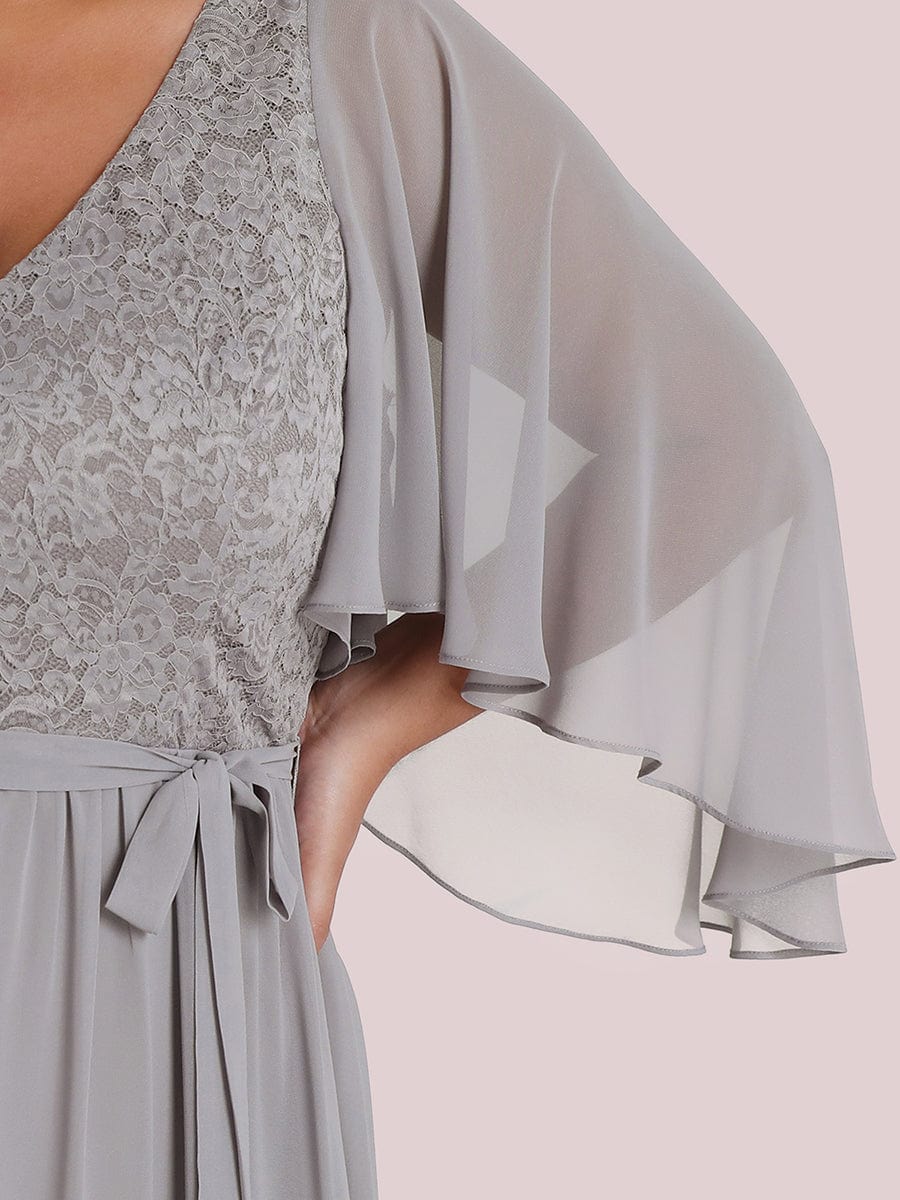 Lace Accent Plus Size V-Neck Evening Dress with Belt
