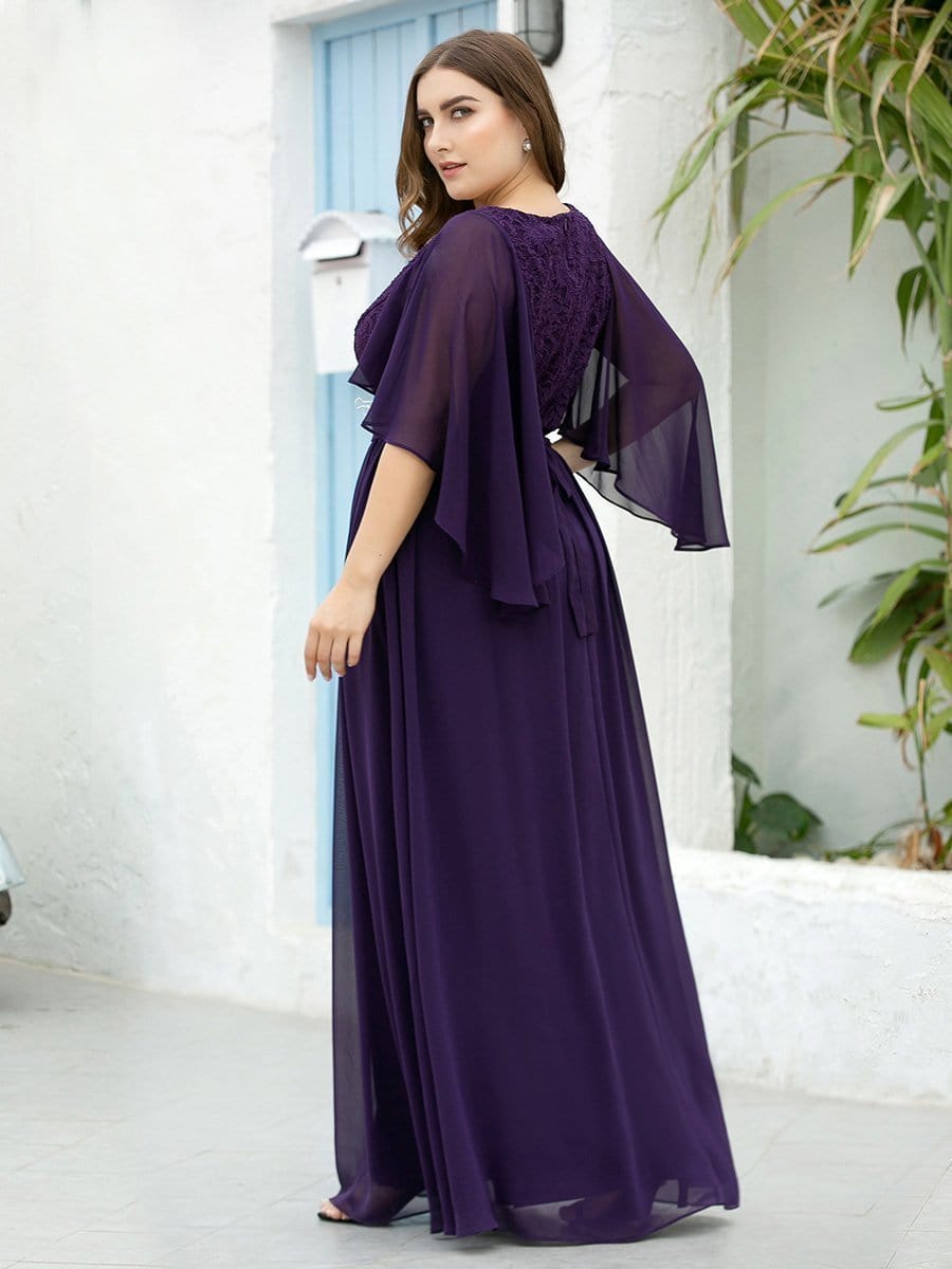 Lace Accent Plus Size V-Neck Evening Dress with Belt