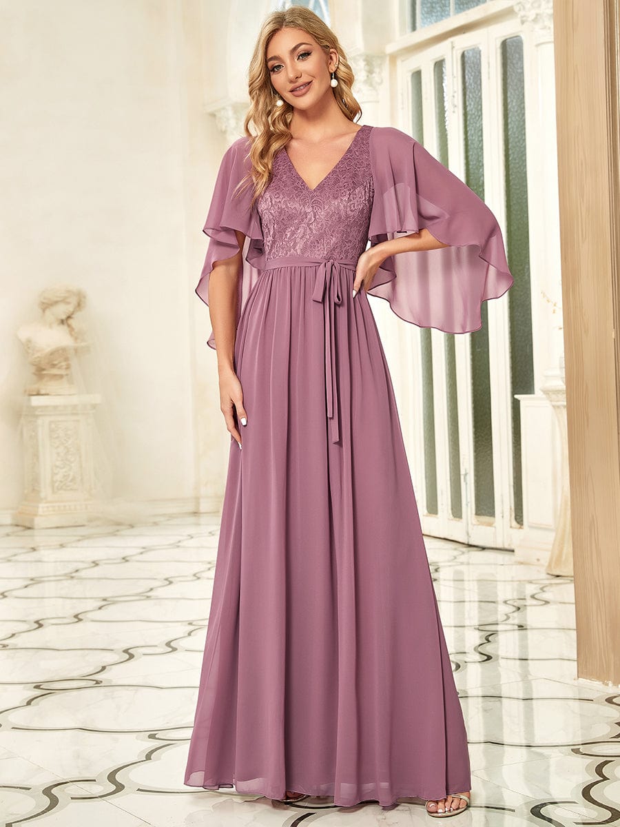 Lace Accent Plus Size V-Neck Evening Dress with Belt