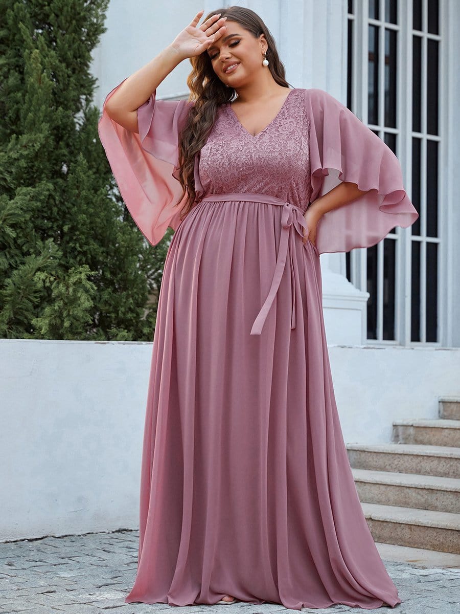 Lace Accent Plus Size V-Neck Evening Dress with Belt