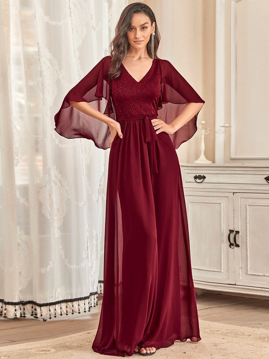 Lace Accent Plus Size V-Neck Evening Dress with Belt