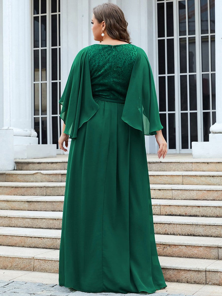 Lace Accent Plus Size V-Neck Evening Dress with Belt