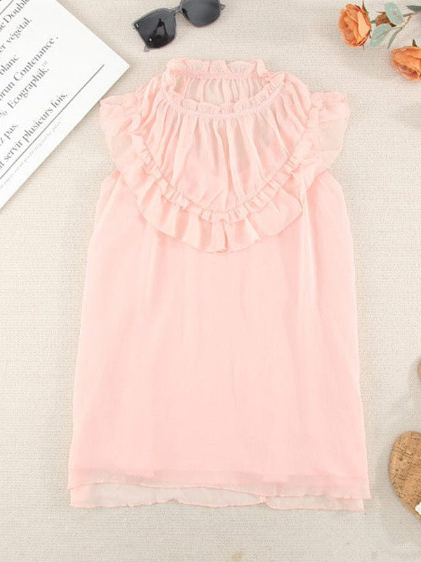 Lace Chiffon Sleeveless Top with Round Neck in Solid Colors for Women