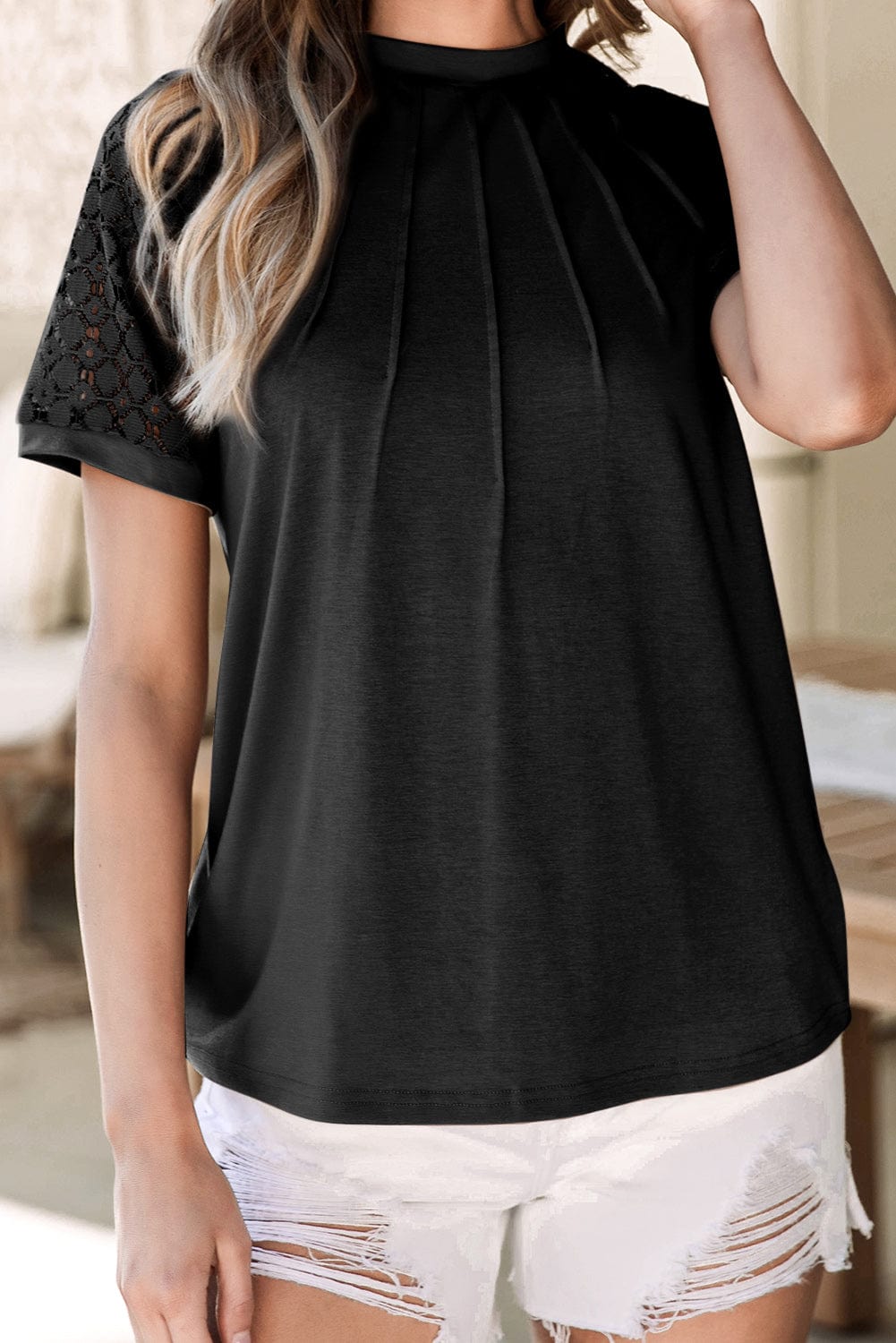 Lace Detailed Black Raglan Sleeve Tee for Women