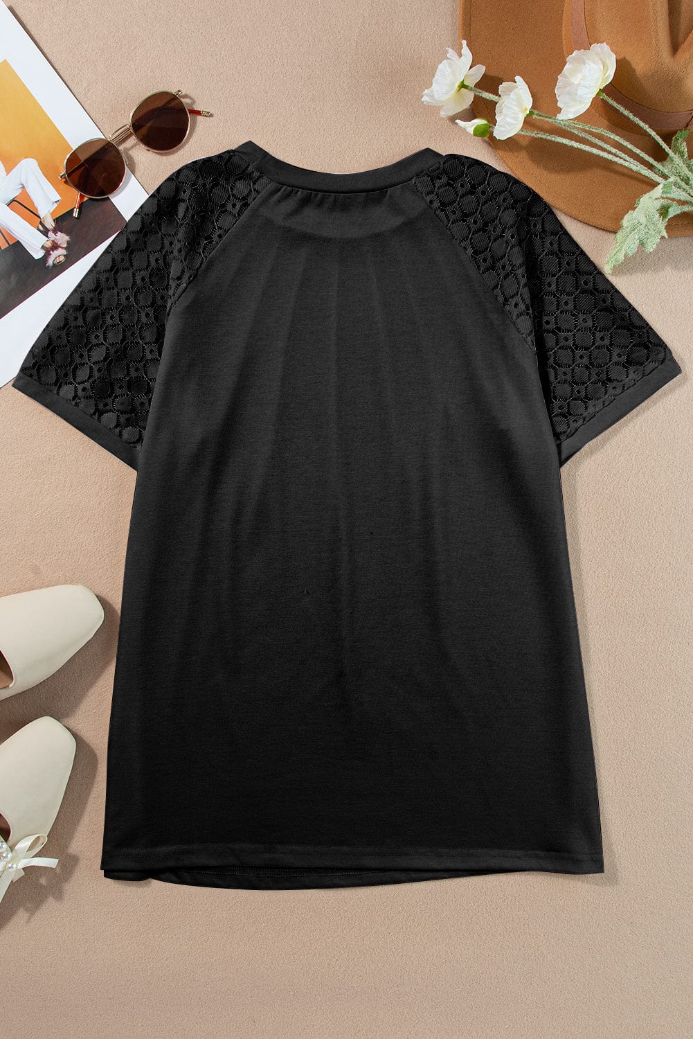 Lace Detailed Black Raglan Sleeve Tee for Women