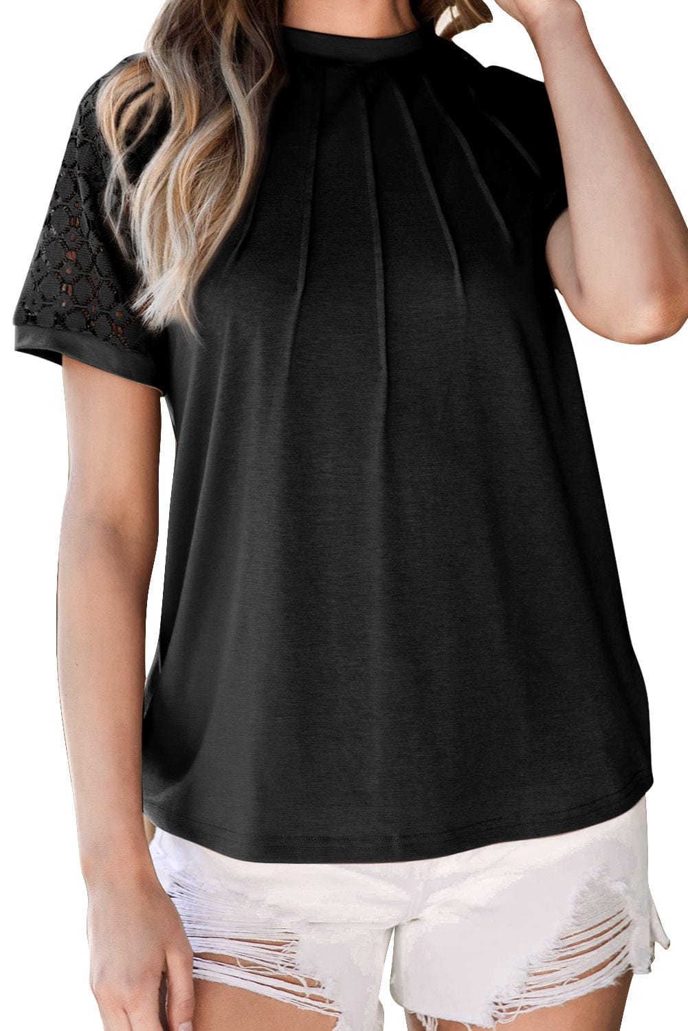 Lace Detailed Black Raglan Sleeve Tee for Women