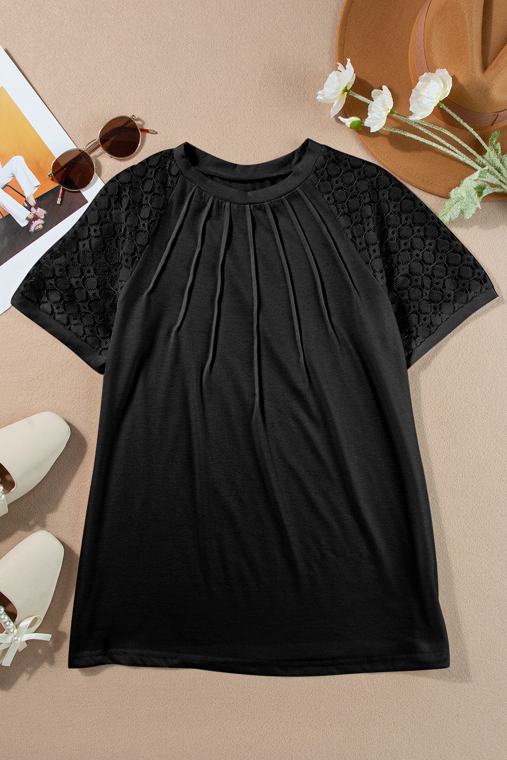 Lace Detailed Black Raglan Sleeve Tee for Women