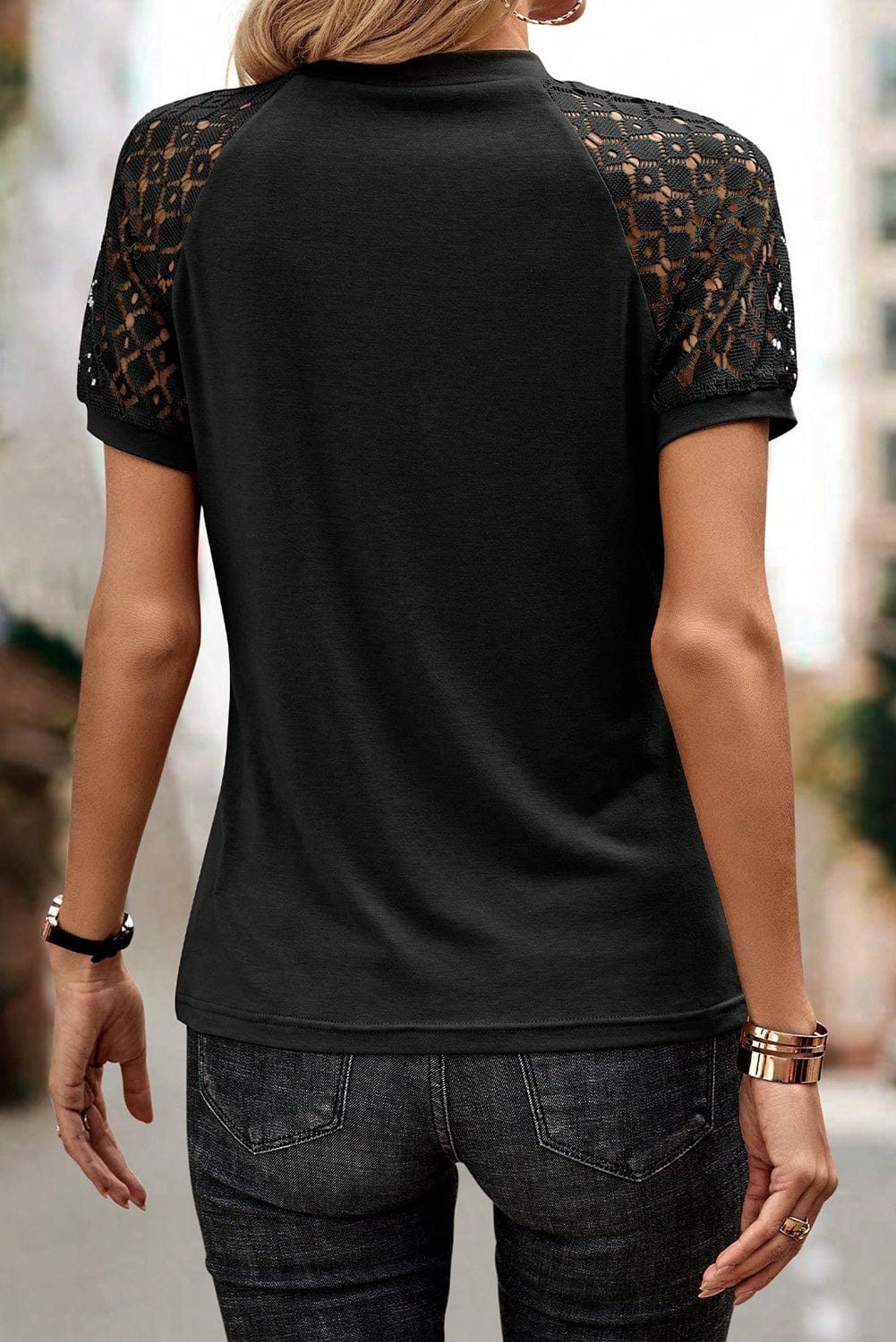 Lace Detailed Black Raglan Sleeve Tee for Women