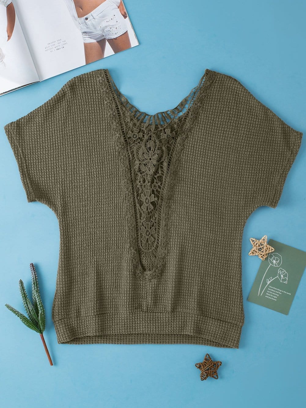 Lace Embellished Moss Green Textured Tee