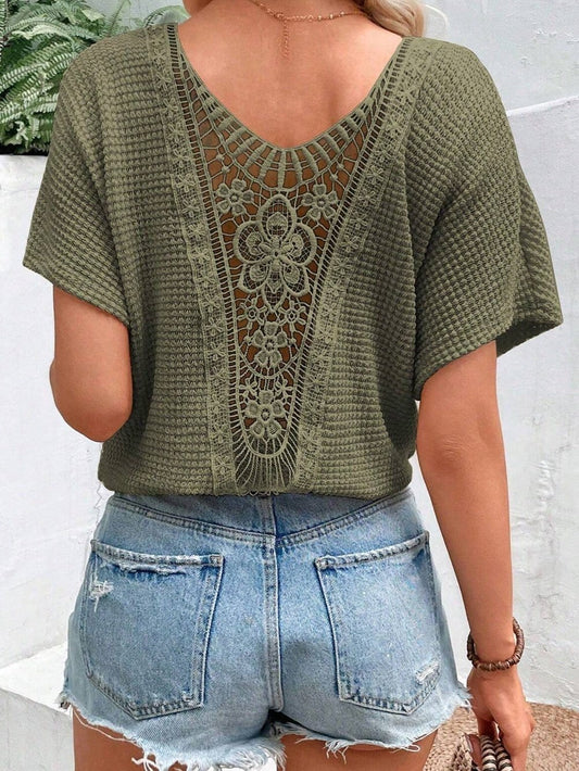Lace Embellished Moss Green Textured Tee