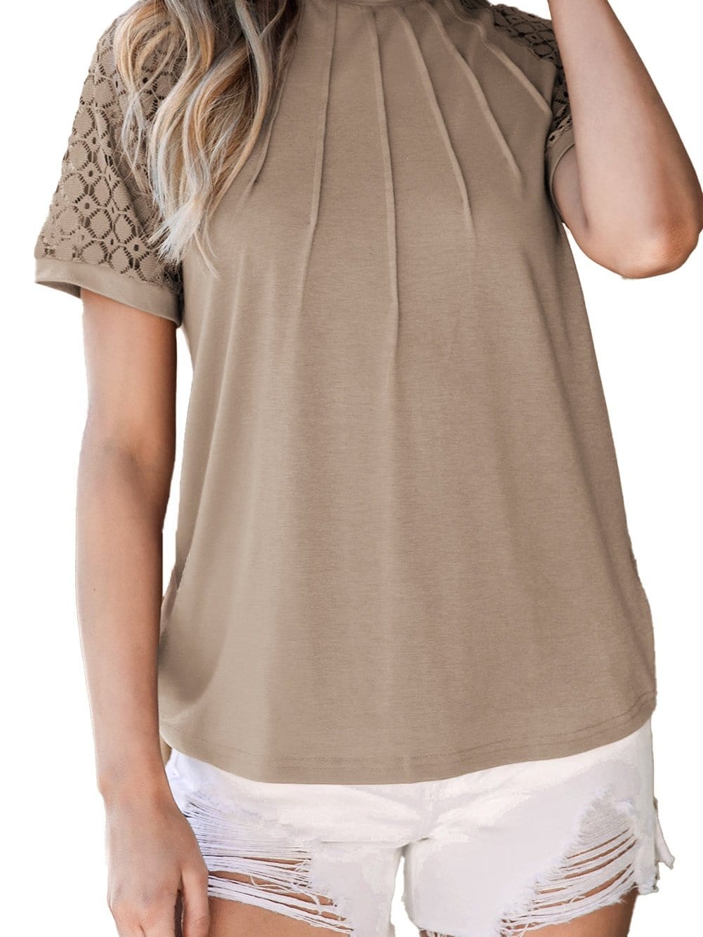 Lace Embellished Pale Khaki Raglan Sleeve Tee