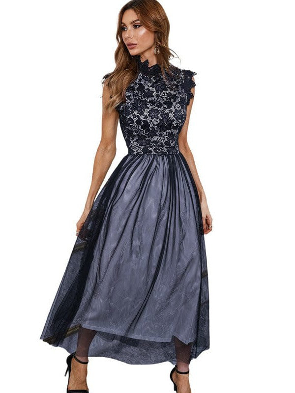 Lace Spliced Sleeveless Cocktail Dress in Solid Color