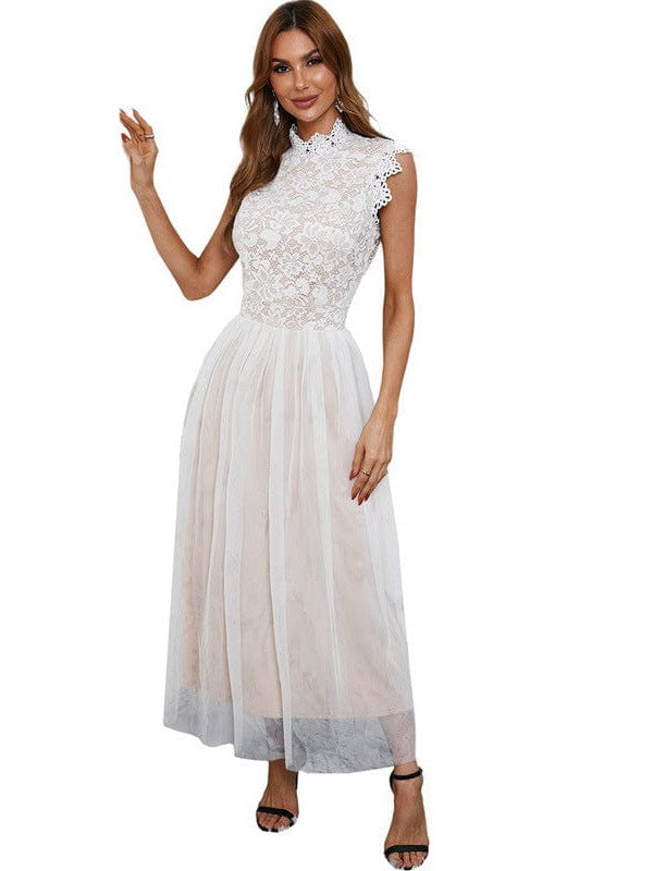 Lace Spliced Sleeveless Cocktail Dress in Solid Color