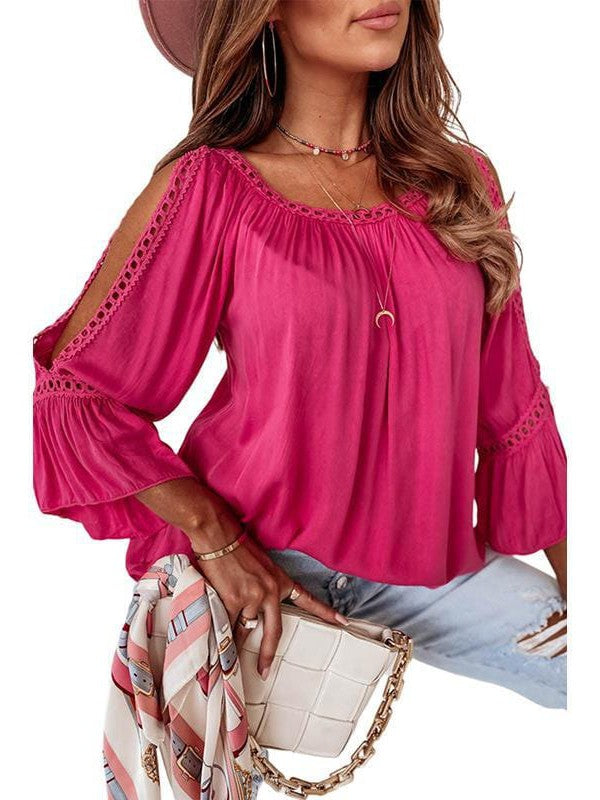 Lace Stitched Loose Top with Hollow Sleeves for Women