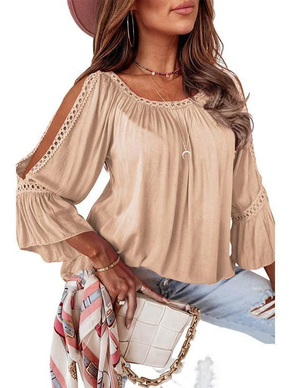 Lace Stitched Loose Top with Hollow Sleeves for Women