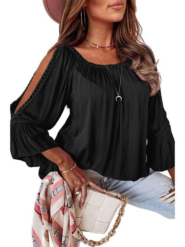 Lace Stitched Loose Top with Hollow Sleeves for Women