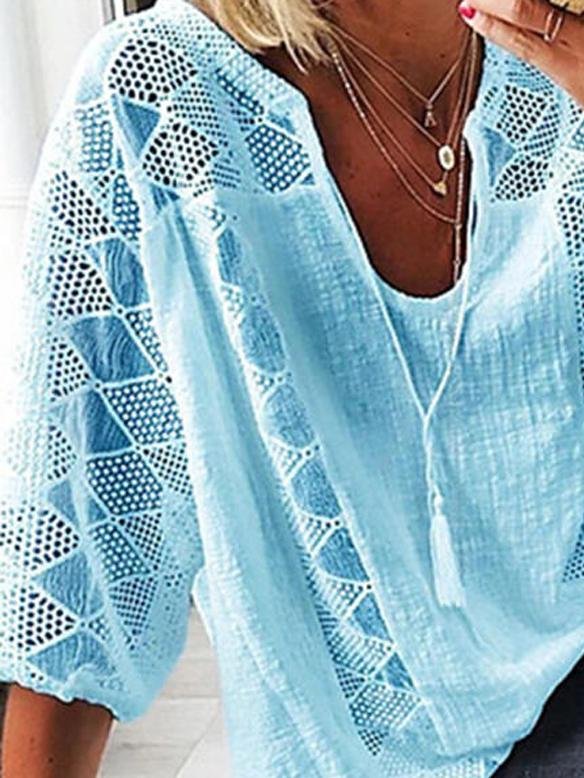 Blouses - Lace Stitching U-neck 3/4 Sleeve Blouse - MsDressly