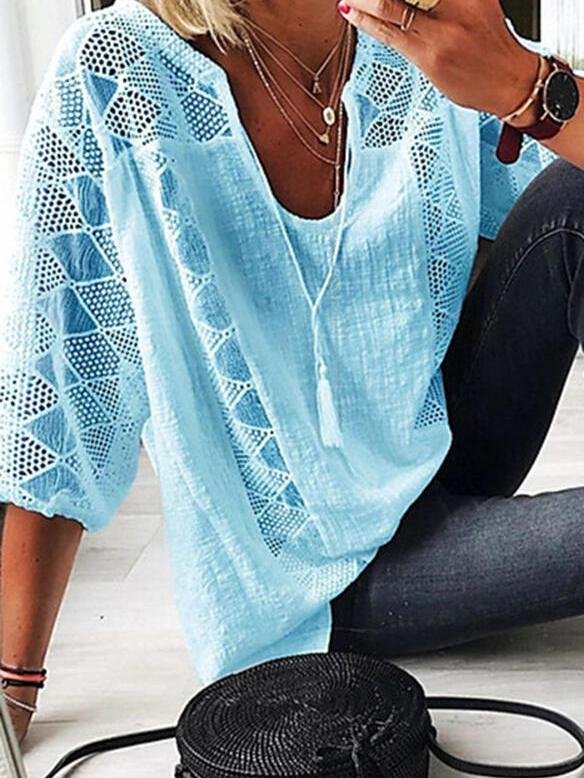 Blouses - Lace Stitching U-neck 3/4 Sleeve Blouse - MsDressly