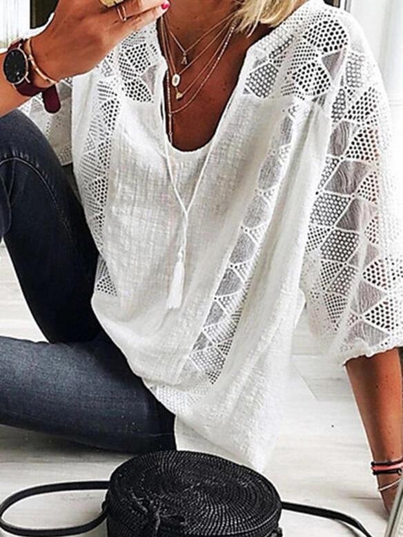 Blouses - Lace Stitching U-neck 3/4 Sleeve Blouse - MsDressly