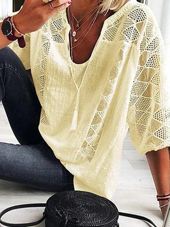 Blouses - Lace Stitching U-neck 3/4 Sleeve Blouse - MsDressly