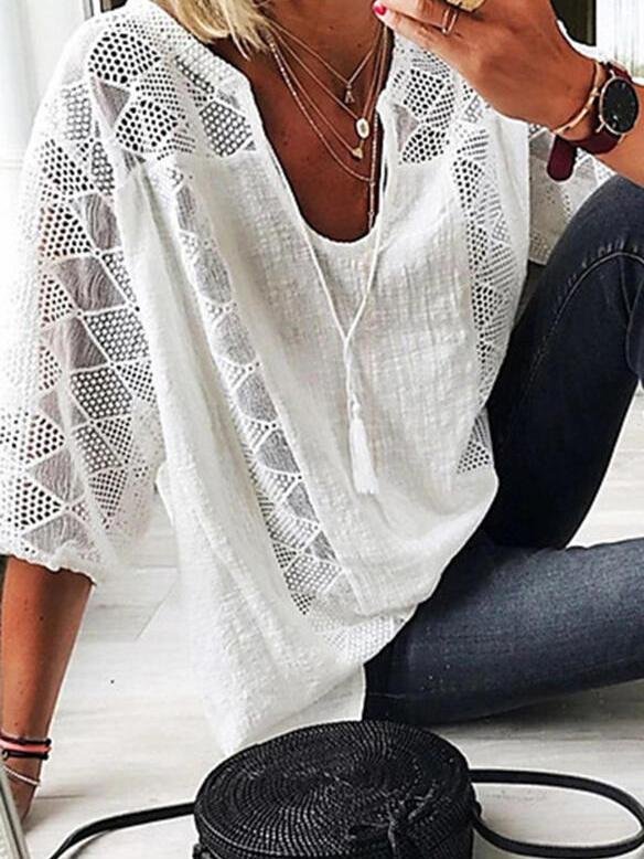 Blouses - Lace Stitching U-neck 3/4 Sleeve Blouse - MsDressly