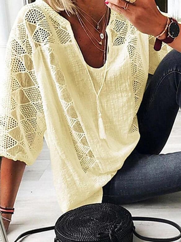 Blouses - Lace Stitching U-neck 3/4 Sleeve Blouse - MsDressly