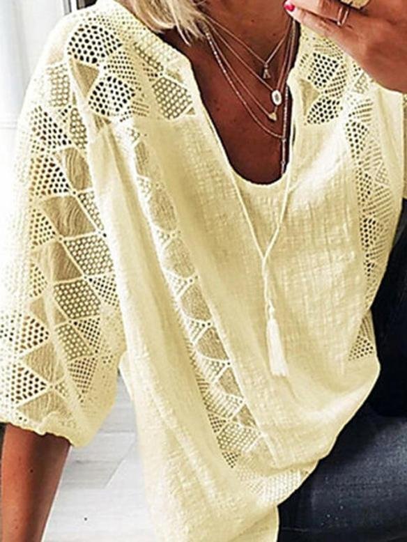 Blouses - Lace Stitching U-neck 3/4 Sleeve Blouse - MsDressly