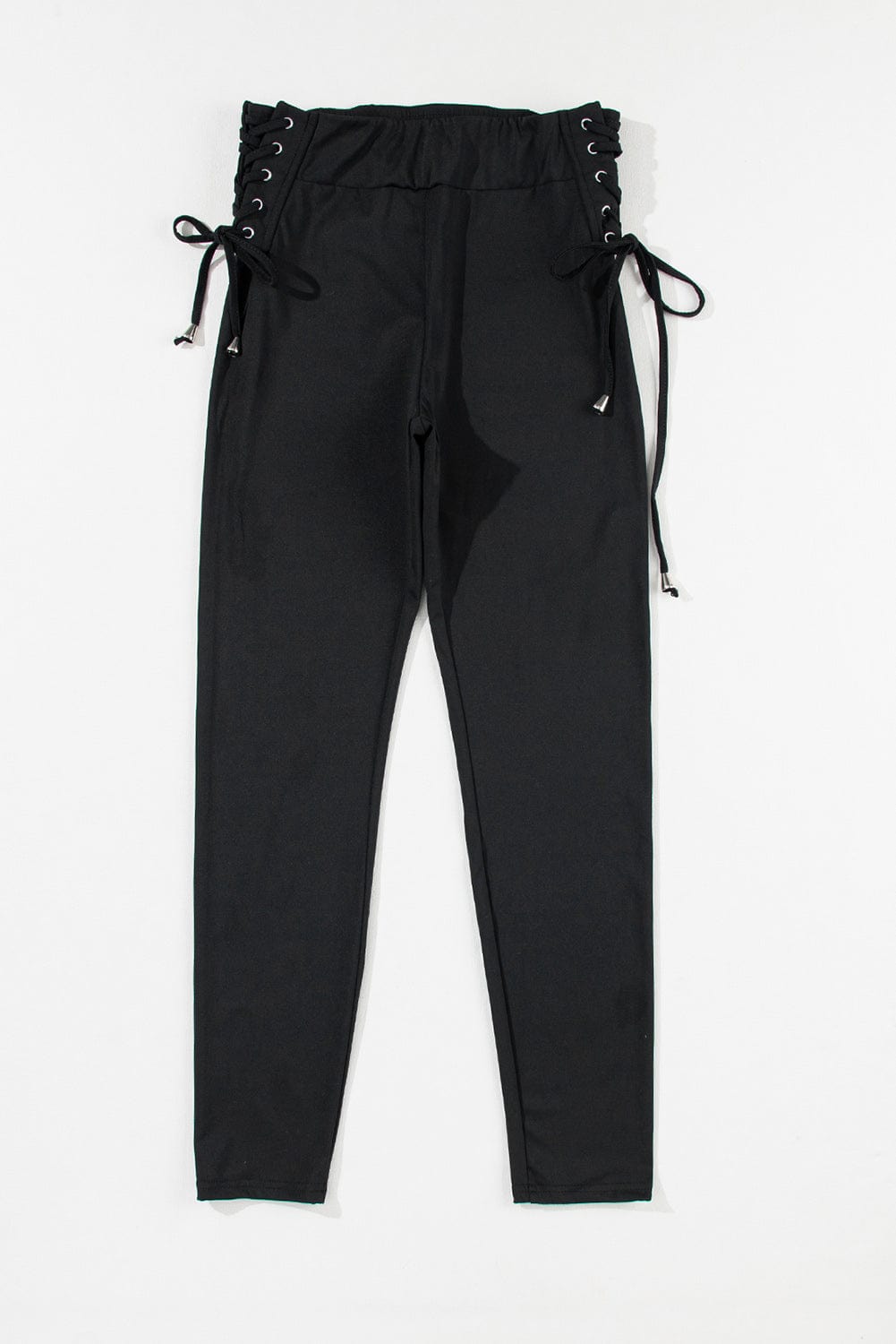 Lace-Up Black Ribbed Leggings with Side Detail