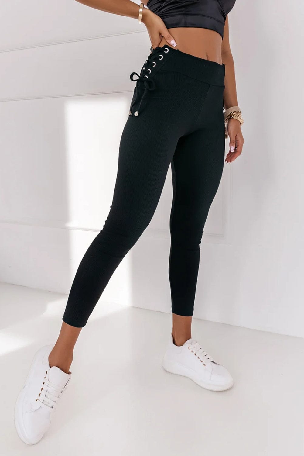 Lace-Up Black Ribbed Leggings with Side Detail