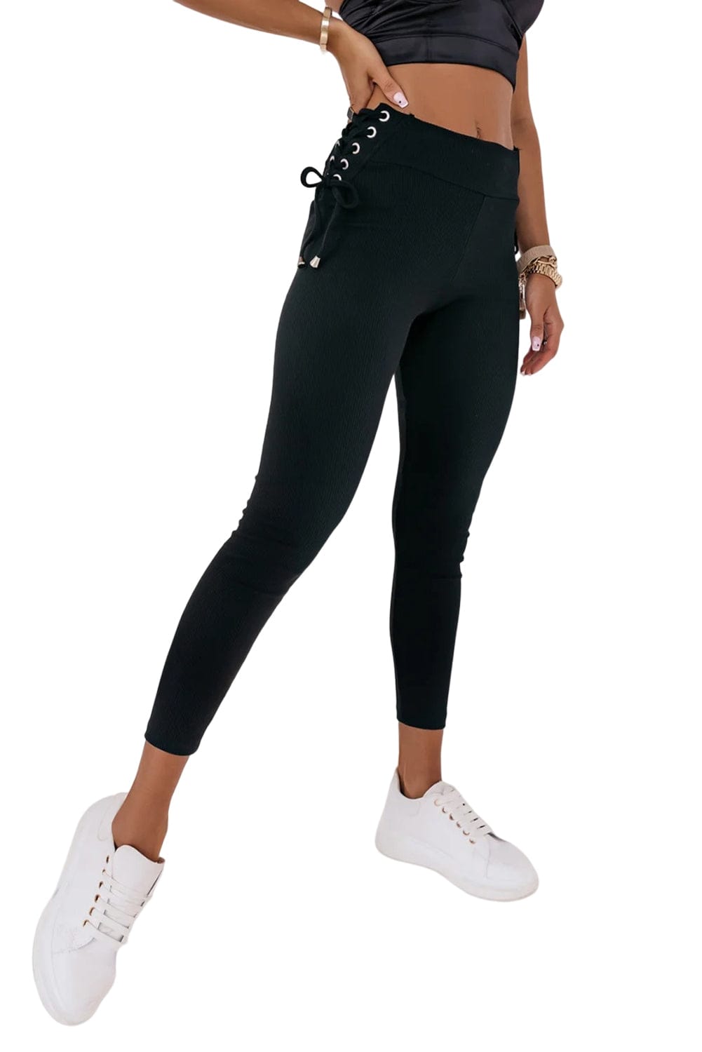 Lace-Up Black Ribbed Leggings with Side Detail