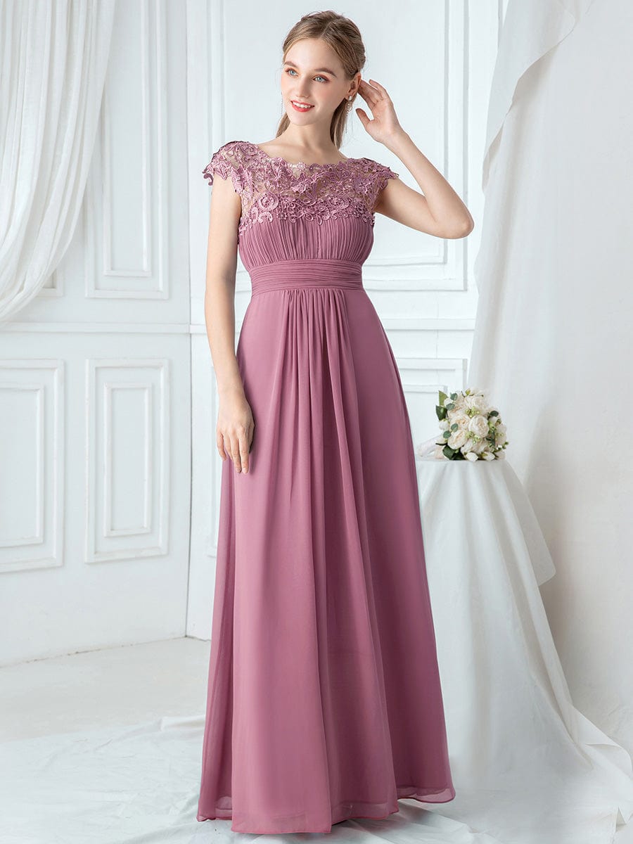 Lacey Neckline Open Back Evening Gown with Ruched Bust