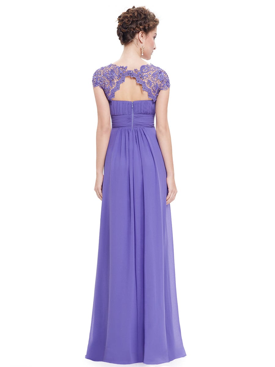 Lacey Neckline Open Back Evening Gown with Ruched Bust