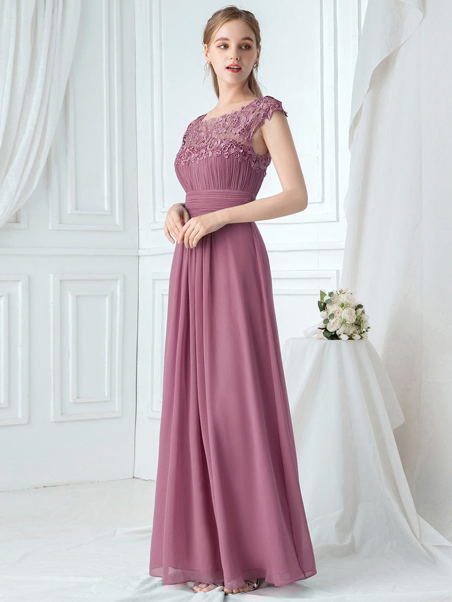 Lacey Neckline Open Back Evening Gown with Ruched Bust