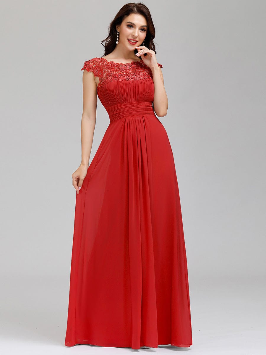 Lacey Neckline Open Back Evening Gown with Ruched Bust