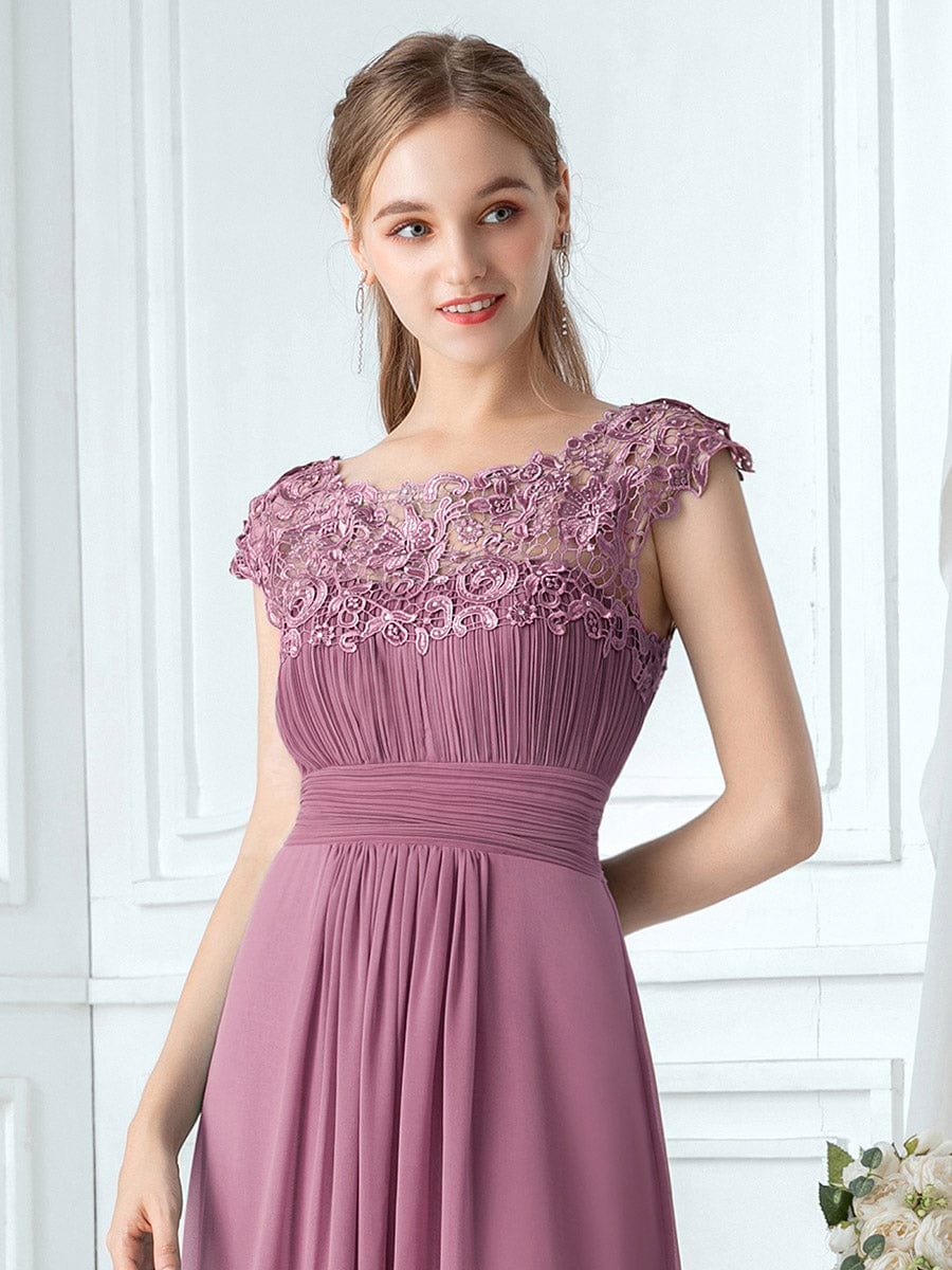 Lacey Neckline Open Back Evening Gown with Ruched Bust