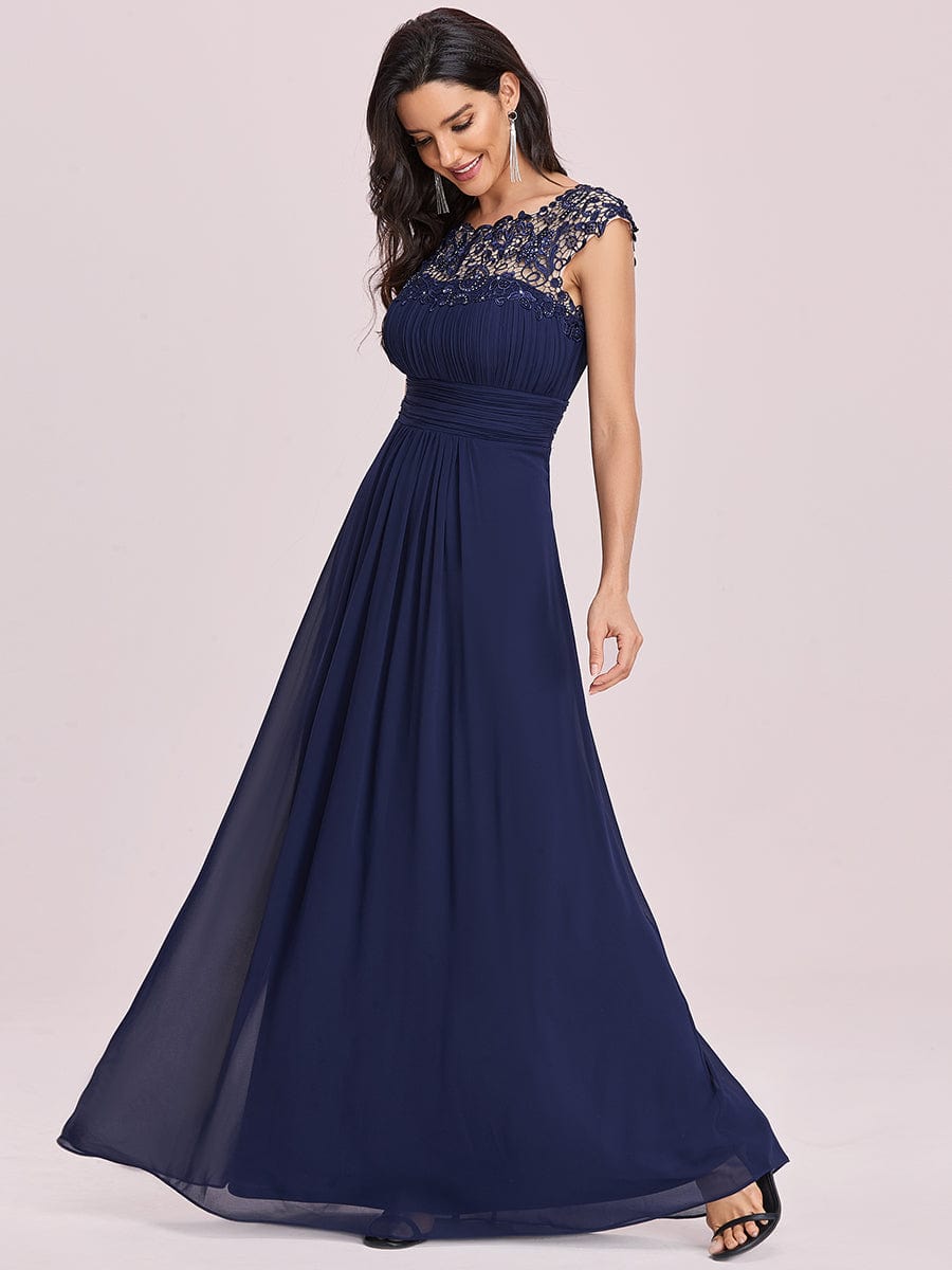 Lacey Neckline Open Back Evening Gown with Ruched Bust