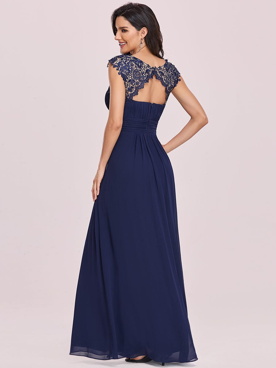Lacey Neckline Open Back Evening Gown with Ruched Bust