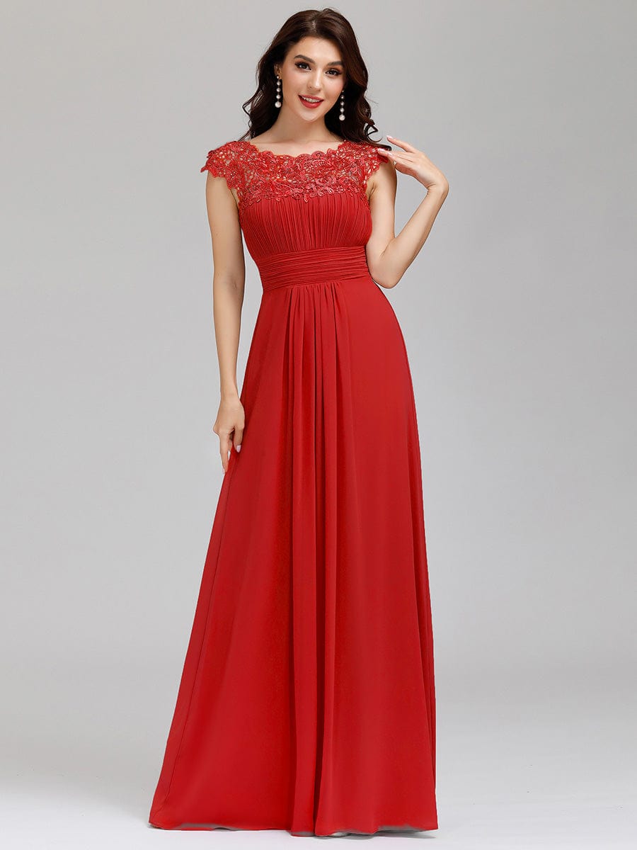 Lacey Neckline Open Back Evening Gown with Ruched Bust