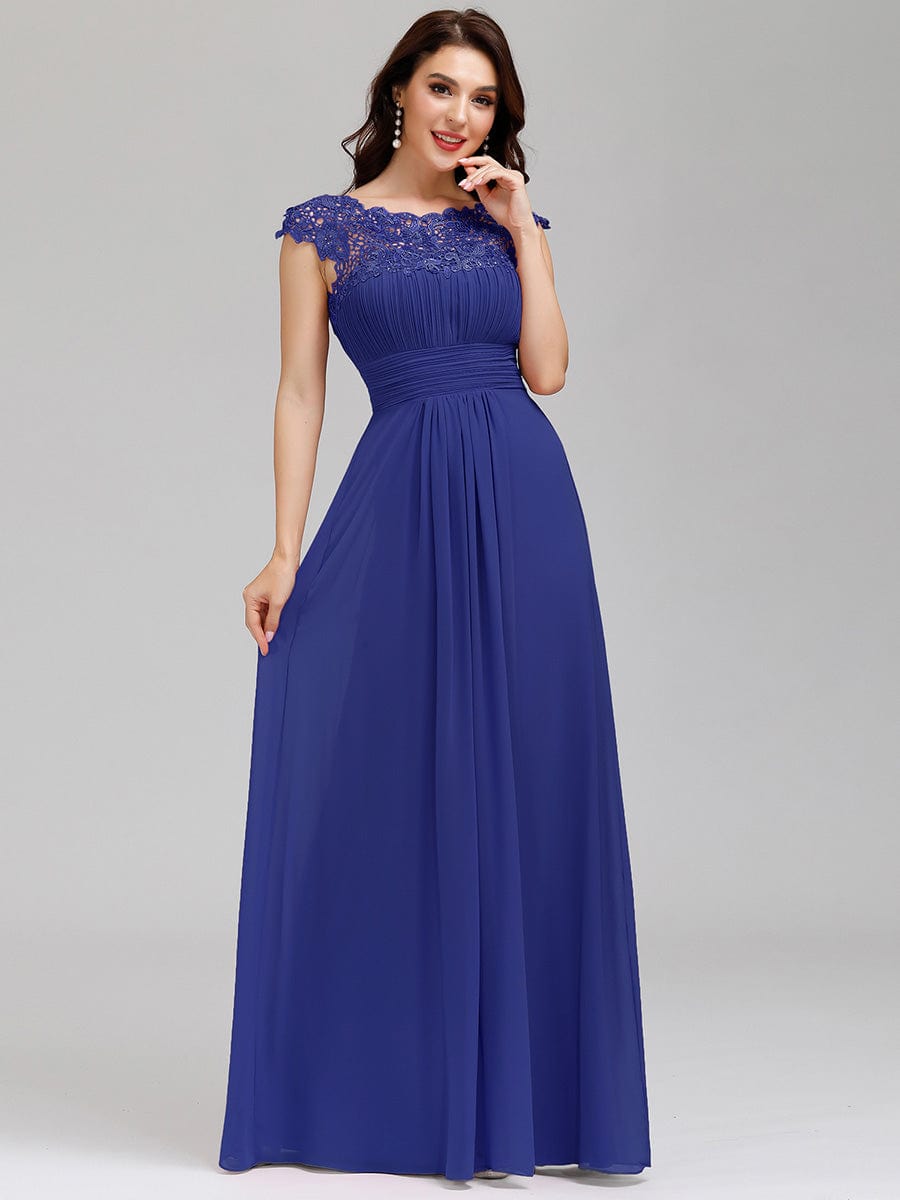 Lacey Neckline Open Back Evening Gown with Ruched Bust