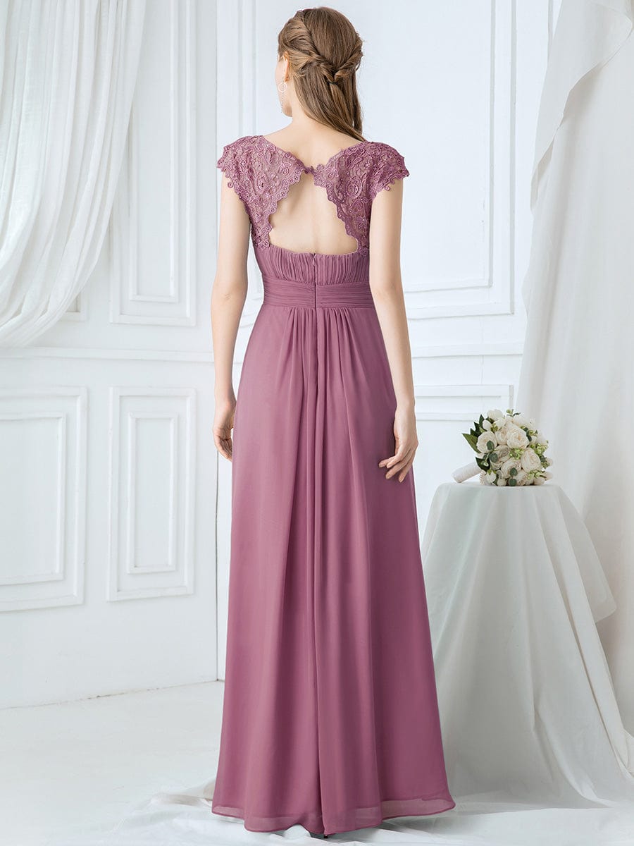 Lacey Neckline Open Back Evening Gown with Ruched Bust