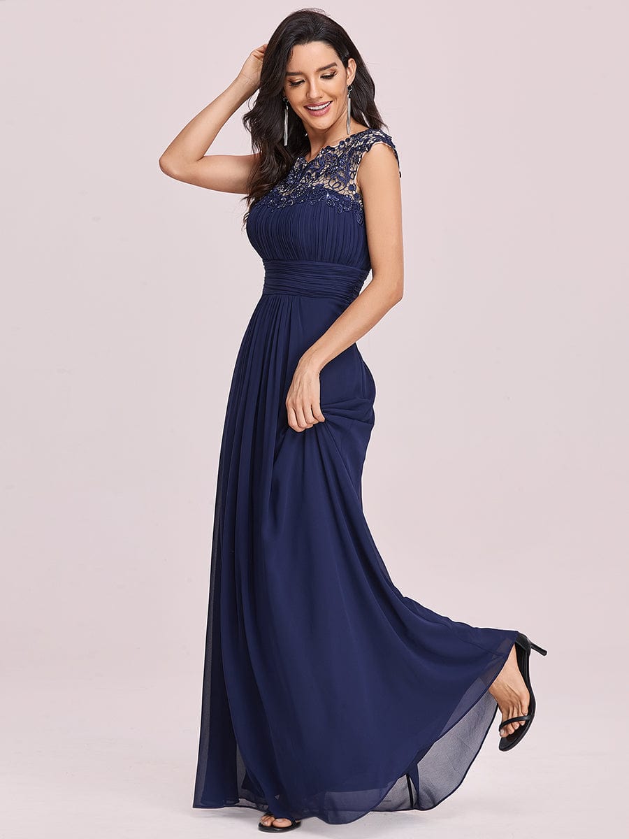 Lacey Neckline Open Back Evening Gown with Ruched Bust