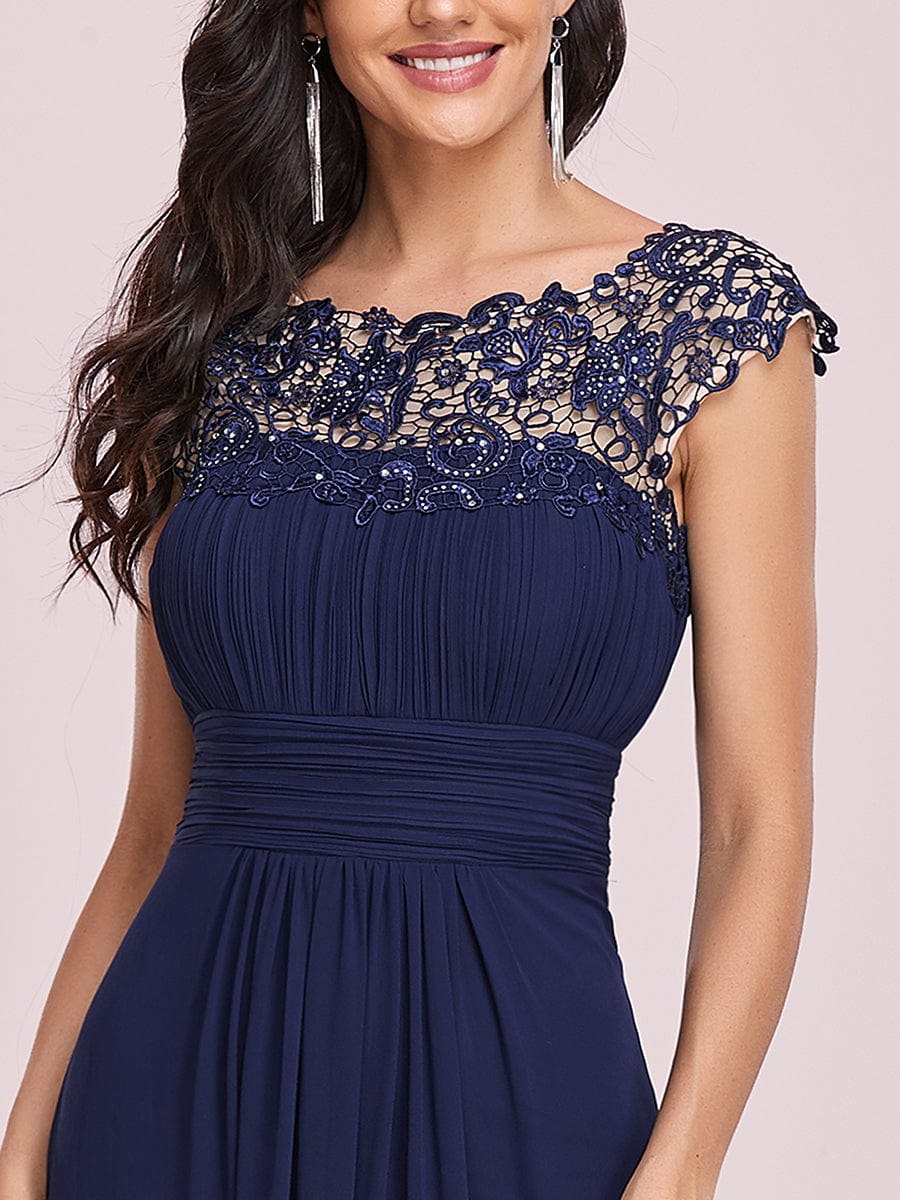 Lacey Neckline Open Back Evening Gown with Ruched Bust