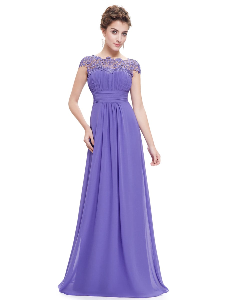 Lacey Neckline Open Back Evening Gown with Ruched Bust