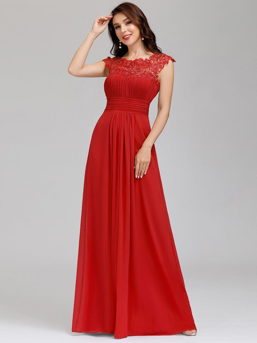 Lacey Neckline Open Back Evening Gown with Ruched Bust