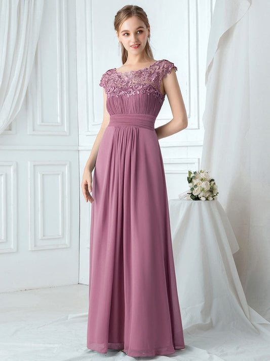 Lacey Neckline Open Back Evening Gown with Ruched Bust