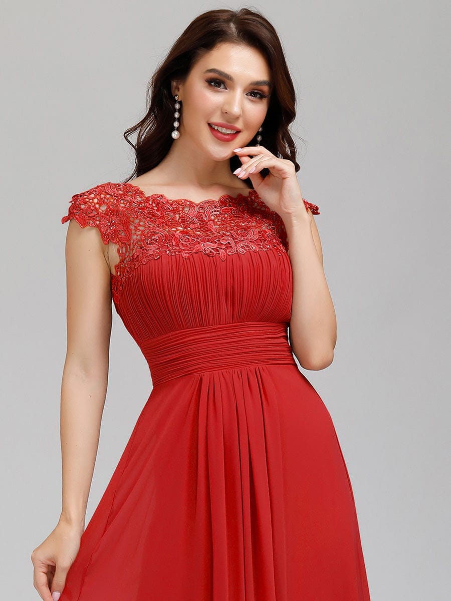 Lacey Neckline Open Back Evening Gown with Ruched Bust