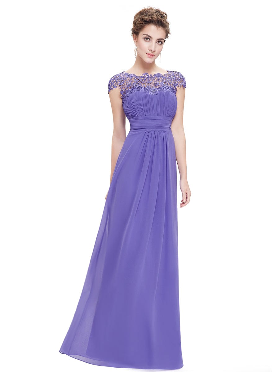 Lacey Neckline Open Back Evening Gown with Ruched Bust
