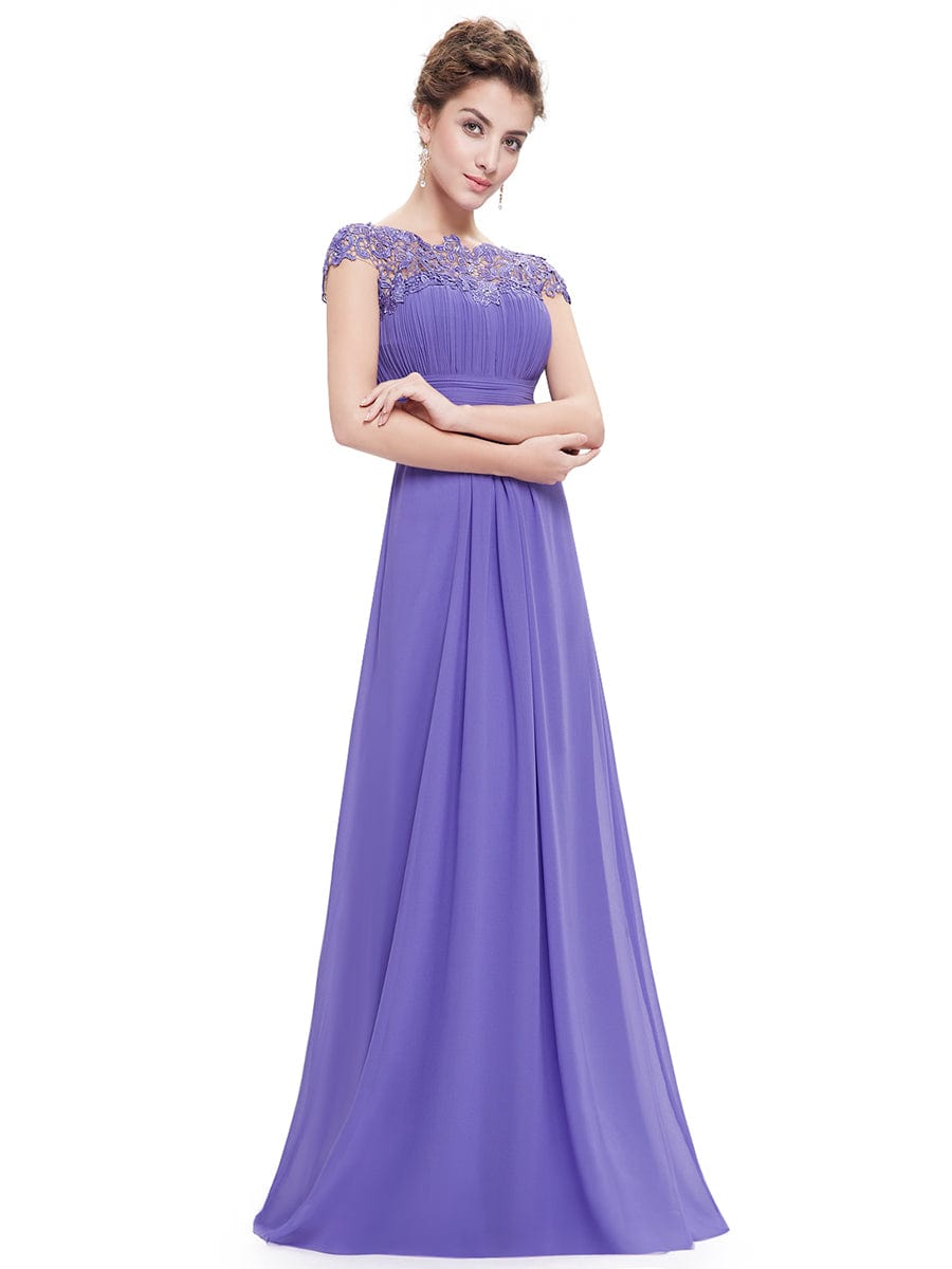 Lacey Neckline Open Back Evening Gown with Ruched Bust