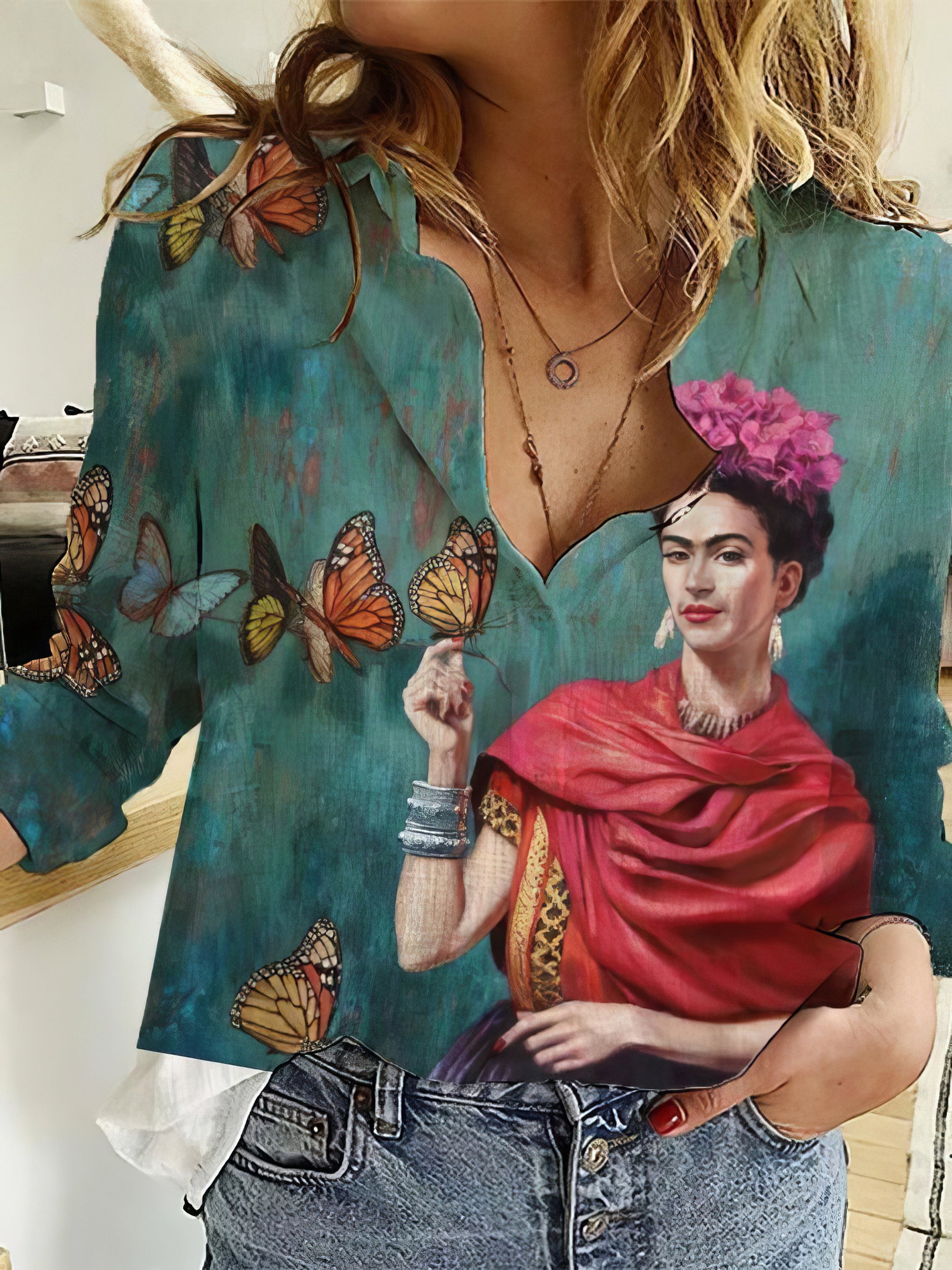 Blouses - Ladies And Flower Printed Lapel Long Sleeve Shirt - MsDressly
